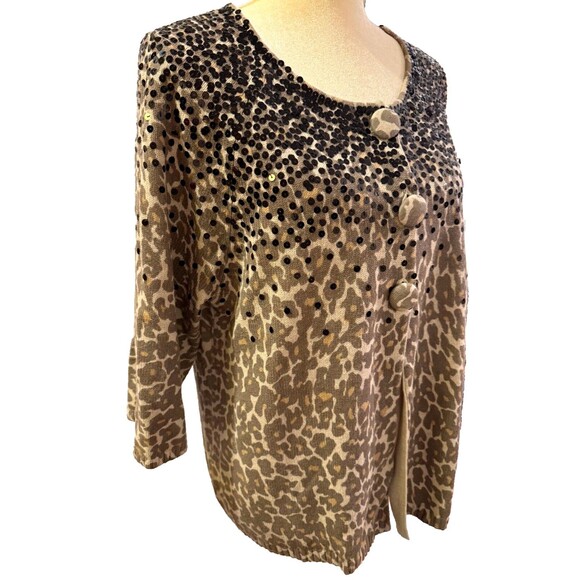 Chico's Sparkly Sequin Cardigan Sweater Sz 2/Large Black Brown Animal Print - Picture 4 of 8